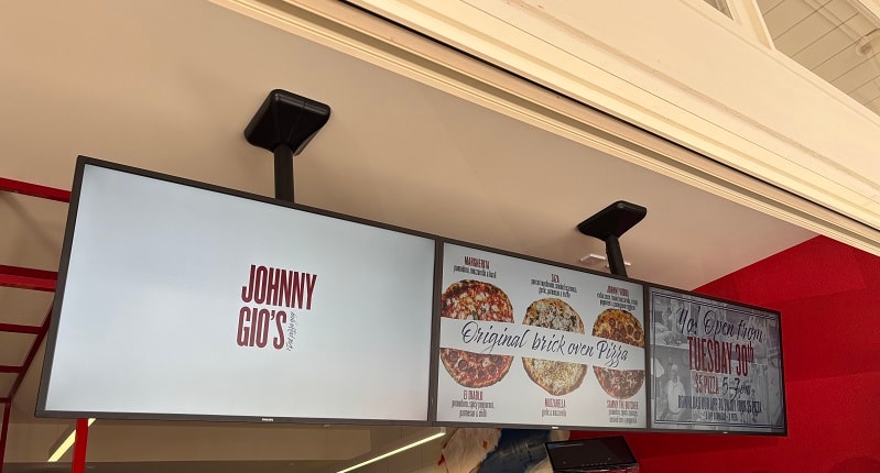 Ceiling mounted menu boards – Johnny Gios pizza menu