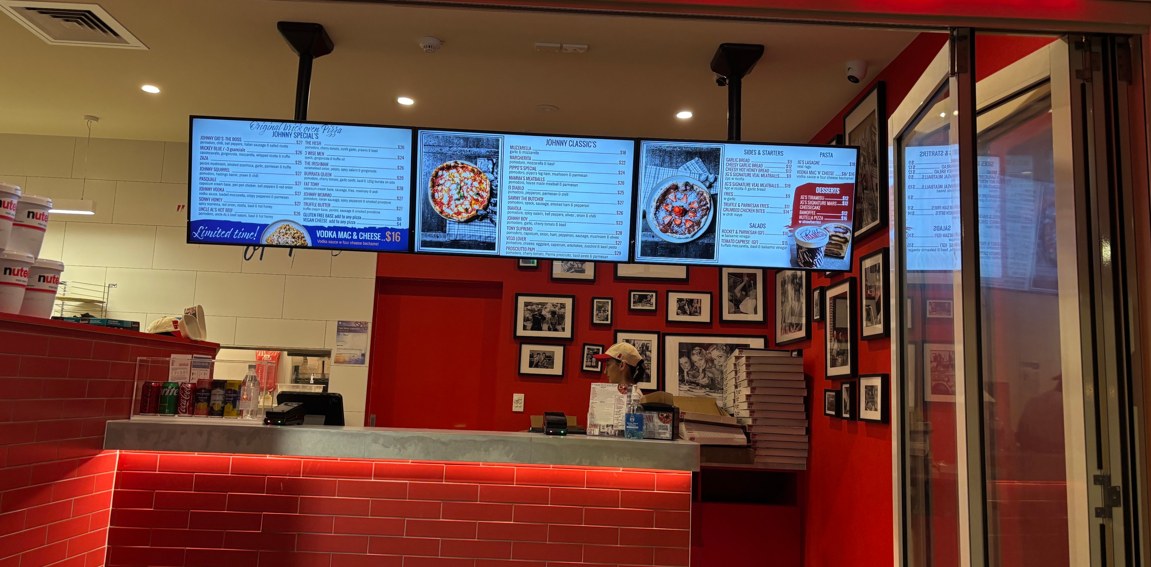 Ceiling mounted menu boards – Johnny Gios full menu