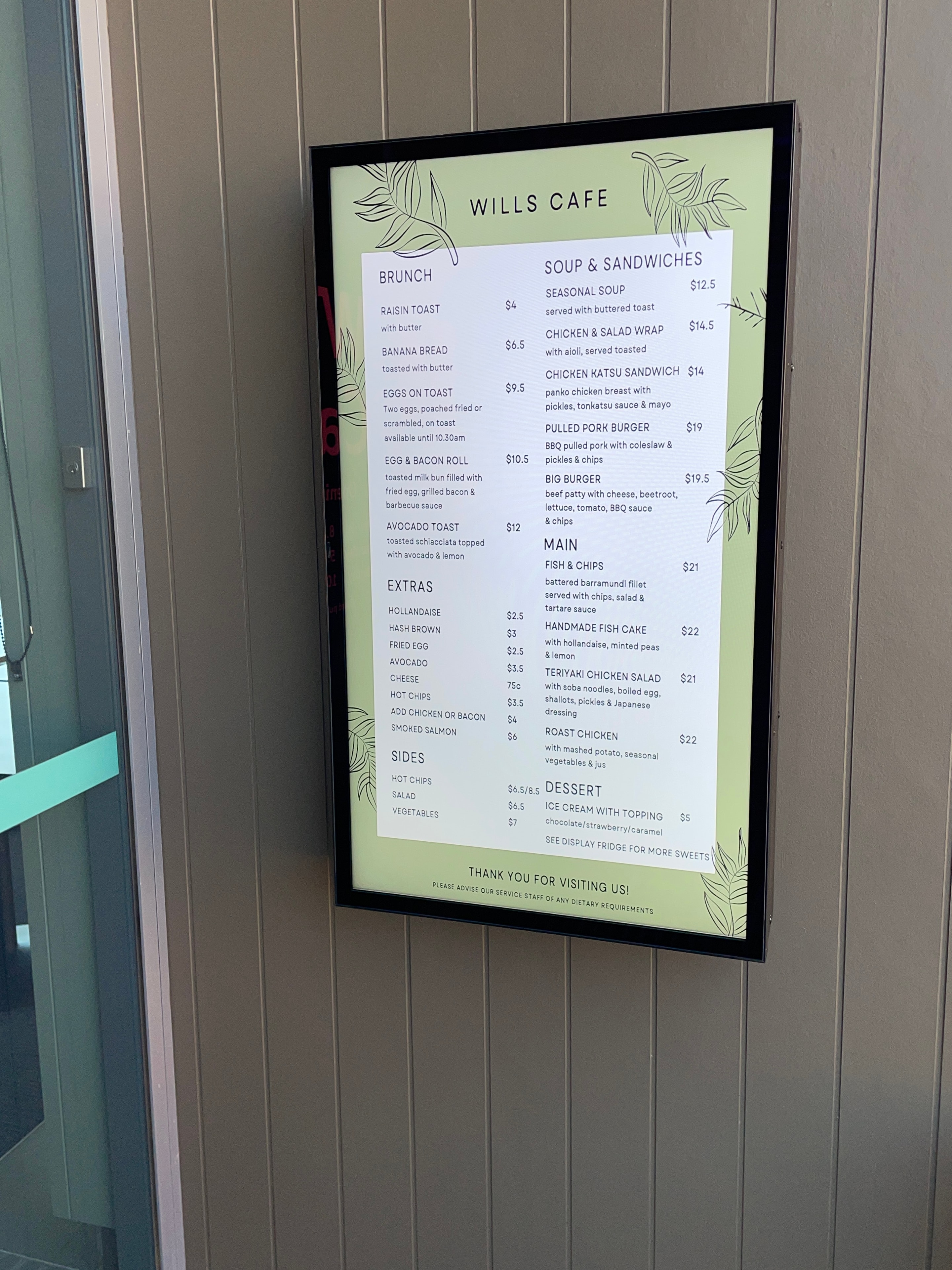 Outdoor display – Wills Cafe ceiling mounted menu board